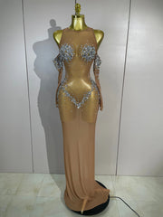 Envious Designs Sheryll sparkly diamond mesh backless see-through long dress with gloves for evening gala styling