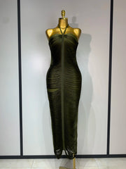 Victoria tassel split halter bodycon dress for women. Elegant luxury outfit for weddings, birthdays, and evening parties.