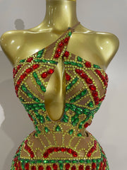 Luxury color rhinestone mesh mini dress with sparkling crystals for birthday, DJ, or club wear.