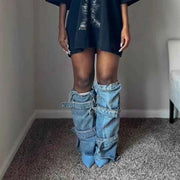 Blue Denim Strappy Knee High Pointed Toe Boots