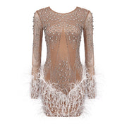 Nude rhinestone feather mini dress with O-neck and long sleeves – homecoming, prom, birthday, cocktail party outfit.
