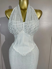 Jan halter bandage maxi dress featuring sheer mesh details and sparkling rhinestone embellishments