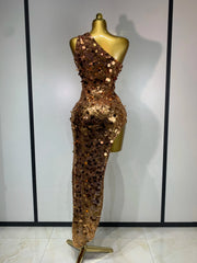 Carmen gold sequin one-shoulder high-slit bodycon dress for evening parties, cocktail events, or club celebrations.