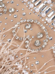 Beige feather pearl mini dress with halter neckline – homecoming, prom, birthday, cocktail, and evening party outfit.