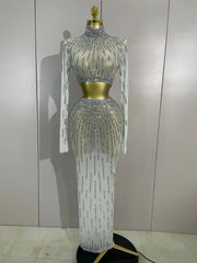 Ivy white rhinestone mesh two-piece long dress set with sparkling sheer detailing