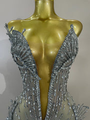 Kiara deep V silver diamond mesh mini dress for women. Sexy sparkly outfit for birthdays, nightclub, and stage events.