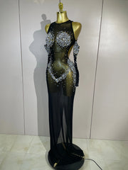 Envious Designs Sheryll sparkly diamond mesh backless see-through long dress with gloves for evening gala styling