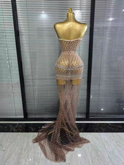 Envious Designs Mandie sexy strapless shining rhinestone mesh see-through floor-length mermaid dress for evening gala styling