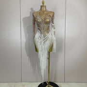 Rhinestone pearl tassel transparent evening dress with sequins in ankle-length slim fit
