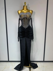Kyndall strapless rhinestone bodysuit with skirt three-piece set for women’s evening parties, birthdays, and stage performances.