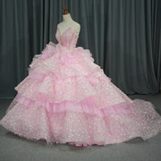 Pink Sleeve Crystal Quinceañera Dress