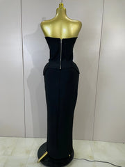 Hazel black strapless two-piece dress set with pearl beaded top and long bodycon bandage skirt