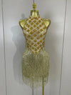 Aaliyah gold diamond mesh see-through tassel bodycon mini dress for night-out glam styling