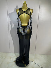 Envious Designs Sheryll sparkly diamond mesh backless see-through long dress with gloves for evening gala styling