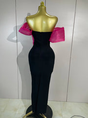 Lashae off shoulder diamond bodycon bandage maxi dress for women. Elegant party outfit for cocktails, birthdays, and evening events.