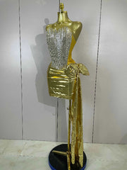 Luxury Sparkly Rhinestones Strapless Gold Mini Dress Women Evening Celebrate Birthday Party NightClub Performance Stage Outfit