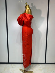 Off shoulder red maxi bandage dress with beaded detailing