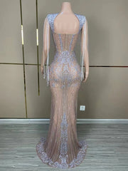 Sexy mesh see-through prom gown with a high split and shimmering silver fringe. Tia Valentine party dress.