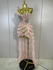Envious Designs Denise sexy strapless mesh ruffled pink long dress with sparkly diamond detailing for birthday party styling