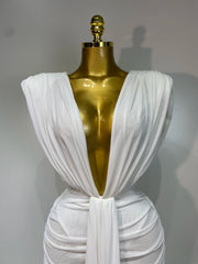Aiah sleeveless deep V-neck ruched bodycon mini dress for birthday and homecoming party styling