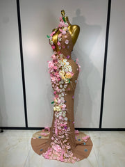Zainab 3D flower halter sheer mesh maxi dress with floral embellishments