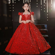 Wine Red Sequin Flower Girl Mermaid Dress: Long Puffy Formal