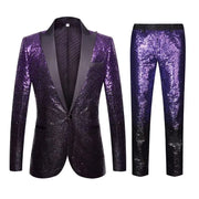 Men’s glitter ombre sequin blazer and pants set displayed for party or stage wear