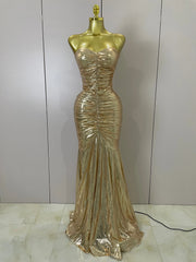 Alana gold strapless ruched backless maxi gown for women. Elegant dress for weddings, prom, birthdays, and evening parties.