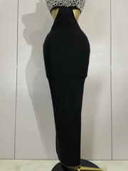 Shine in the Rhian black crystal rhinestone backless bodycon bandage dress. Elegant party dress for birthdays, cocktails, and evening events.