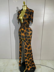 Lisa leopard print V-neck maxi dress featuring sparkling rhinestone embellishments for a glamorous evening look