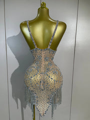 Lisette sparkly diamond tassel mesh mini dress featuring a sheer transparent design and bodycon silhouette