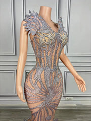 Zahra strapless diamond fishtail prom dress with high slit.