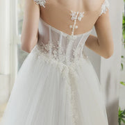 Scoop Illusion Button Ball Gown Wedding Dress