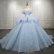 Blue Flowers Strapless Quinceanera Dress