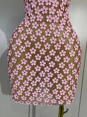 Bridgette pink floral sequin mesh mini dress featuring a sexy halter neckline and sheer party dress design
