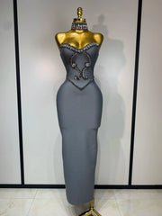 Strapless beaded bandage dress with necklace accent in ankle-length slim silhouette – Elena style.
