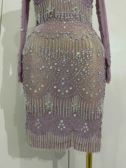 Luxury Sparkly Rhinestones Chain Sexy Mesh Purple Mini Dress With Gloves Women Evening Birhthday Party Nightclub Stage Costume