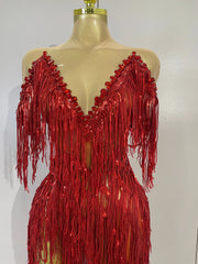 Haelena sexy mesh see-through long dress with sparkly red diamond tassel detailing for evening party styling
