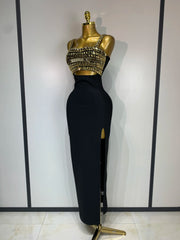 Jada sleeveless square-neck gold sequin bodycon dress with shimmering gold details.