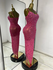 sparkly rhinestone mesh asymmetric long dress for evening gala and cocktail party styling