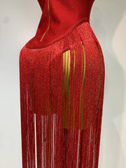 Kendra strapless tassel patchwork bandage bodysuit for women, sexy high street evening party and nightclub style outfit.