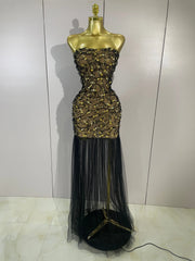 Reiley rhinestone strapless mesh see through mini dress for women. Sexy sparkly outfit for birthdays, nightlife, and parties.