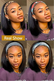 Short straight headband bob wig – 100% human hair glueless wig with black headband, easy put-on-and-go style for natural everyday wear