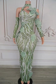 Sparkly leaf design prom dress with all-over rhinestones and matching long formal gloves. Lena elegant long gown.