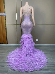 Chanel sparkly purple rhinestone feather floor-length prom dress.