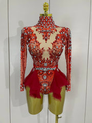 Women’s sparkly red diamond print long sleeve bodysuit for nightclub party, festival, DJ, singer, dancer stage performance wear