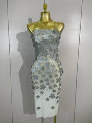 Emme sequin flower diamond strapless mesh dress for women. Sexy luxury party outfit for birthdays, nightlife, and evening events.