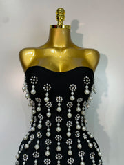 Strapless pearl and rhinestone bodycon mini dress with backless design