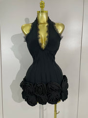 Cleo halter red floral lace bodycon mini dress for women’s birthdays, nightclub parties, or evening fashion events.