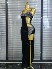 Jenn black sleeveless velvet bodycon maxi dress with sparkling crystal strap details